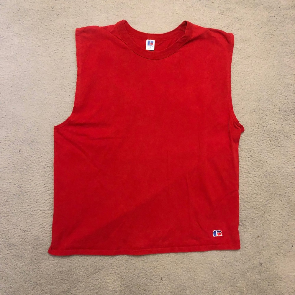 Vtg Russell Athletic Blank Muscle Tee Shirt Red XL Made in USA
